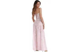 Floral Lace Sweetheart Neck Maxi Dress - Sleeveless Spaghetti Strap Lace-Up Back Wedding Guest Dress