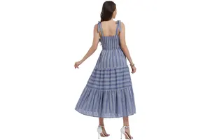 Women's Smocked Maxi Dress - Tie Strap Square Neck Tiered Ruffle Flowy Beach Sundress with Pockets