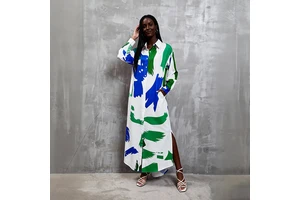 OEM Custom Women Boho Shirt Dress Summer Turn-down Collar Irregular Long Dress Female Sexy Letter Print Maxi Dresses