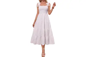 Women's Rayon Maxi Beach Dress - Spaghetti Strap Smocked Back A-Line Sundress with Pockets