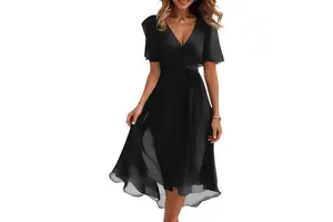 Boho Floral Print Chiffon Midi Dress - V Neck Belted Short Sleeve Wedding Guest Cocktail Dress