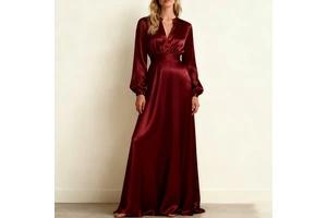 Custom Manufacturer Lady High Waist V-neck Long Sleeve Clothing Women Elegant Casual Formal Stain Dresses