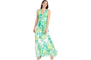 Chiffon Floral Print Maxi Dress with Ruffle Skirt - V-Neck Fitted Waist Flowy Daytime Long Dress