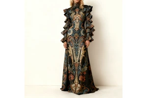 Custom Clothing Manufacturer Women's Summer Floral Print Dress Long Sleeve Flowy A-Line Ruffle Outfit Ruffle Maxi Dress
