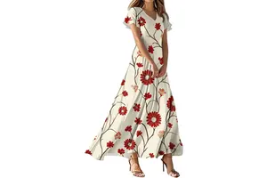 Modest Floral Print Short Sleeve Maxi Dress - Empire Waist Flowy A Line Tea Party Sundress