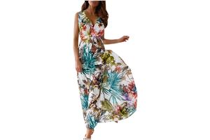 Boho Floral Print V Neck Sleeveless Maxi Dress - Elastic Bandage Waist Pullover Chiffon Flowy Sundress