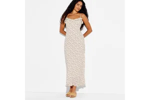 Floral Ruffle Trim Maxi Slip Dress - Adjustable Spaghetti Strap Empire Bodice Bias Column Dress