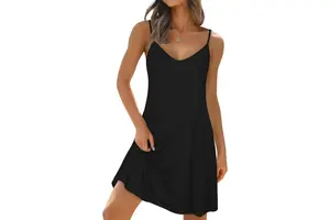 Women's Spaghetti Strap V Neck Sundress - Sleeveless Flowy Swing Beach Cover Up with Pockets