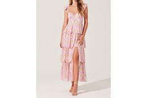 Women's Boho Floral Print Spaghetti Strap Tiered Maxi Dress, Y2K Flowy Summer Beach Sundress with Side Slit