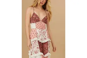 Lace Patchwork Floral Maxi Dress - Spaghetti Strap Criss Cross Backless Ruffle Tiered Boho Sundress