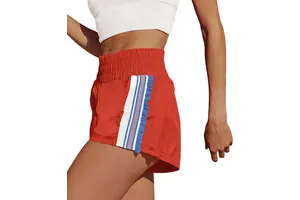 Women's High Waisted Running Shorts - Striped Ruffle Hem Athletic Biker Shorts with Pockets