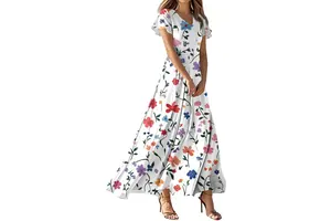 Floral Print Short Sleeve V Neck Swing Maxi Dress - Flowy Loose Casual Beach Vacation Sundress