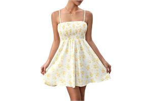 Boho Floral Print Ruched Bust Cami Mini Dress - Adjustable Strap Square Neck Flare Hem Sundress
