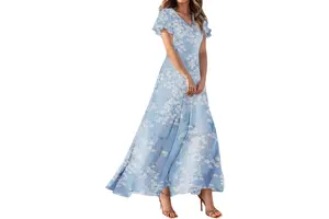 Floral Print Maxi Dress - Flutter Short Sleeve V Neck A-Line Flowy Swing Sundress