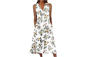 Vintage Floral Print Sleeveless Midi Dress - Loose Lightweight A-Line Casual Summer Beach Dress