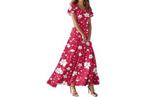 Floral Print Flowy Swing Maxi Dress - Casual V Neck Short Sleeve Beach Vacation Long Dress