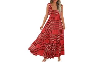 Women's Boho Tie Shoulder Maxi Dress - Square Neck Smocked A-Line Flowy Sun Dress with Pockets