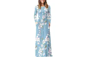 Casual Floral Print Long Sleeve Maxi Dress with Pockets - Loose Swing Scoop Neck Tie Waist Long Dress
