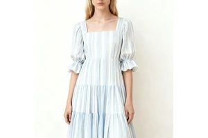 OEM Wholesale Customization Cotton Linen Dresses Holiday Half Sleeve Ruffles Midi Smocking Summer Casual Dress for Ladies