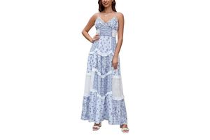Floral Patchwork Maxi Dress - V Neck Sleeveless Cross Back Spaghetti Strap Tiered Sundress