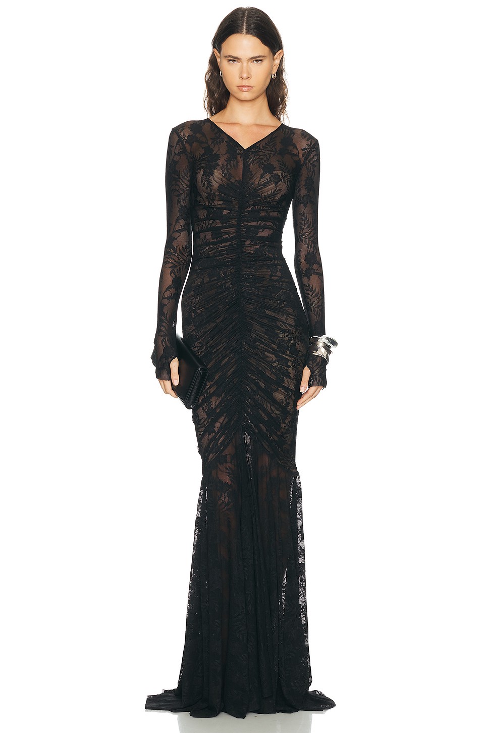 Shirred Front Fishtail Lace Gown - Sheer Long Sleeve Evening Dress for OEM