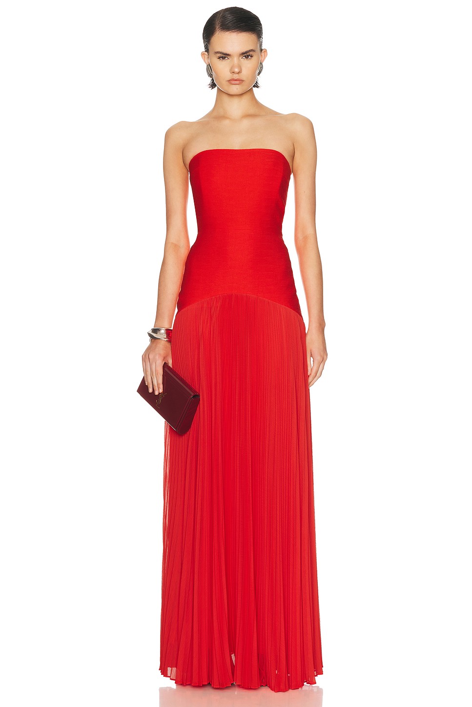 Boned Bustier Plisse Gown with Chiffon Skirt - Strapless Dress for OEM