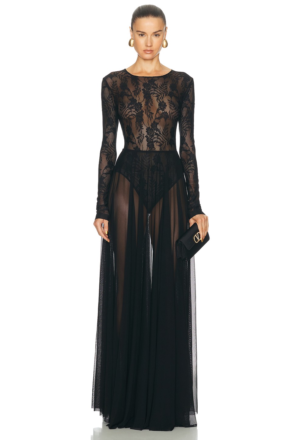 Long Sleeve Crew Flared Lace Gown - Bodysuit Lined Gown for OEM