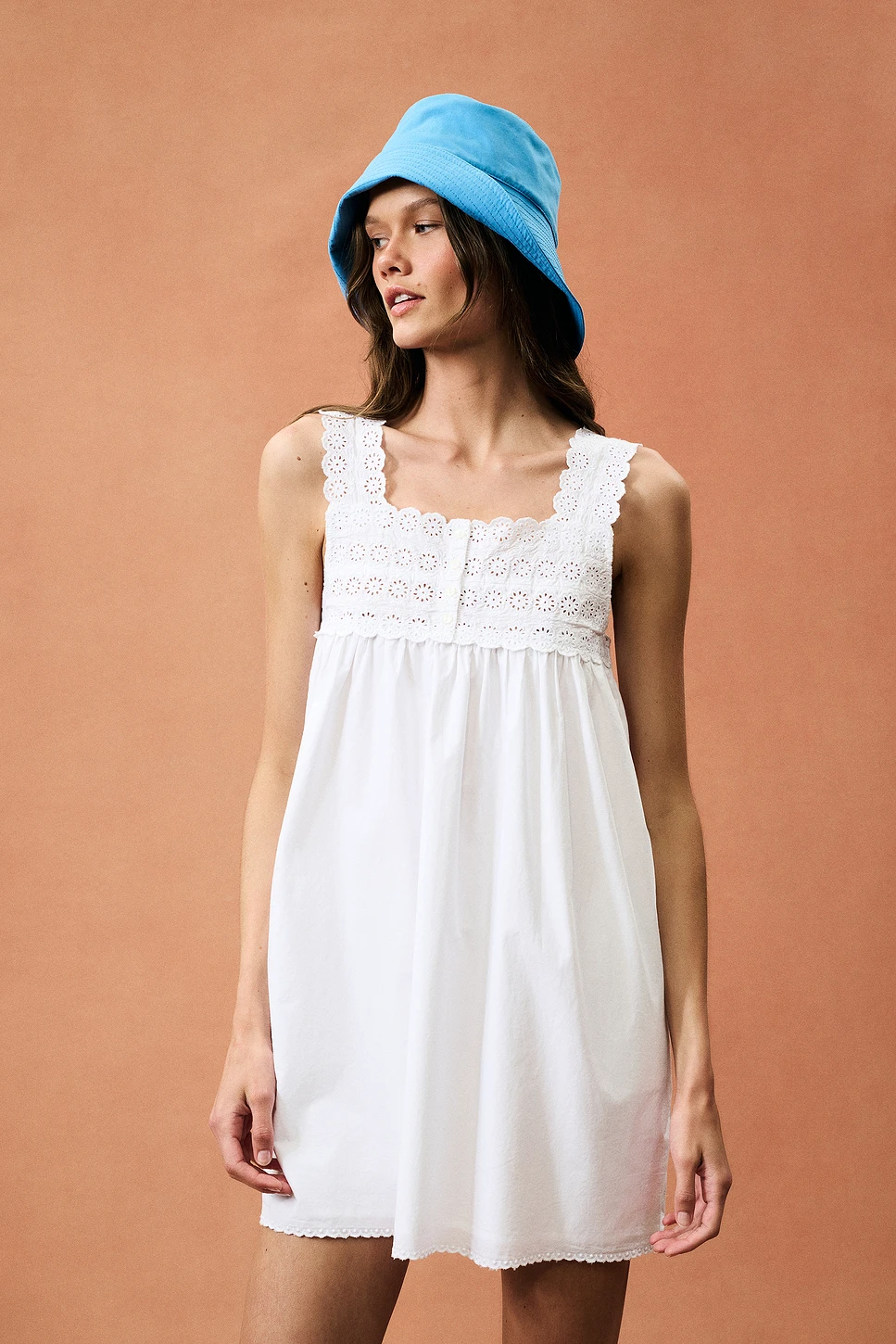 Embroidered Cotton Shift Mini Dress with Pockets