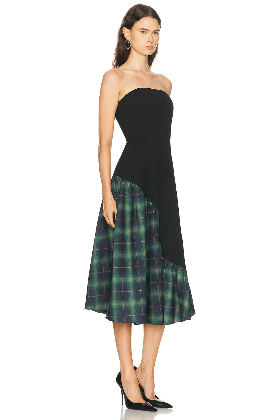 Strapless Contrast Poplin Midi Dress with Flared Skirt