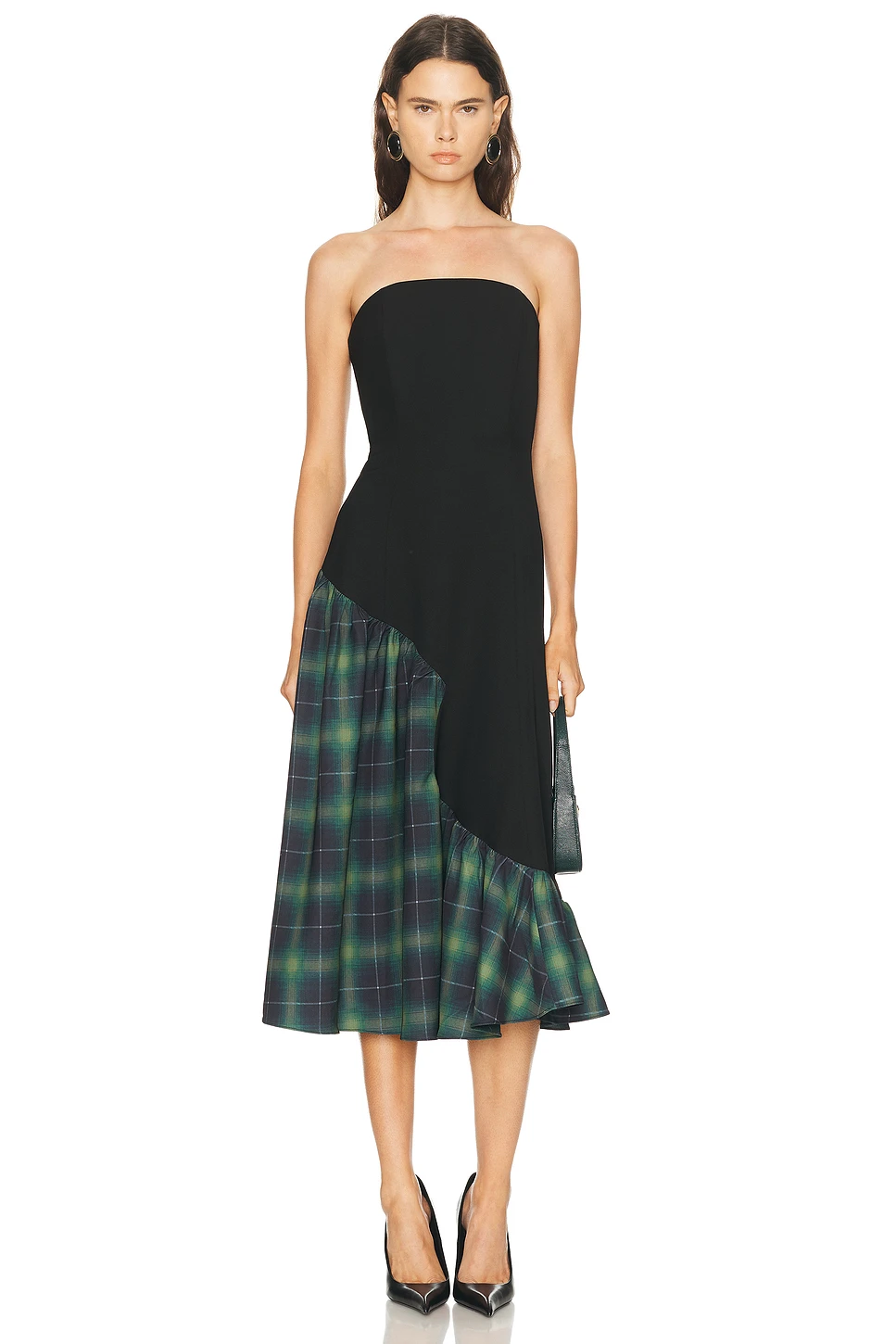 Strapless Contrast Poplin Midi Dress with Flared Skirt