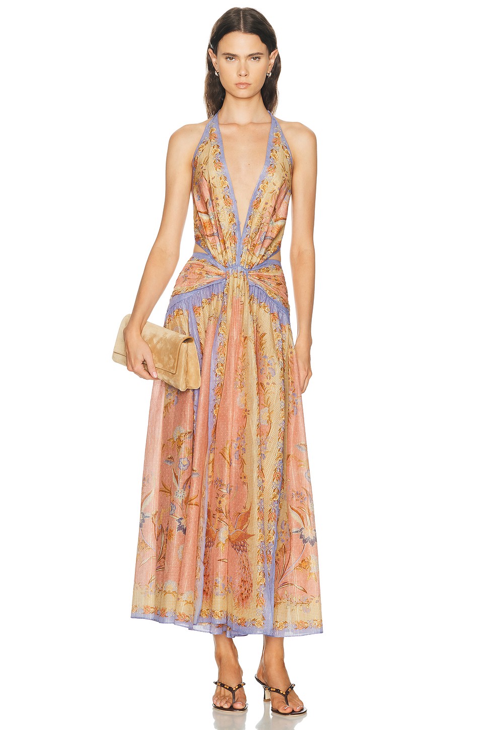Indra Plunge Halter Maxi Dress in Cotton Silk Metallic - Floral Gown for OEM