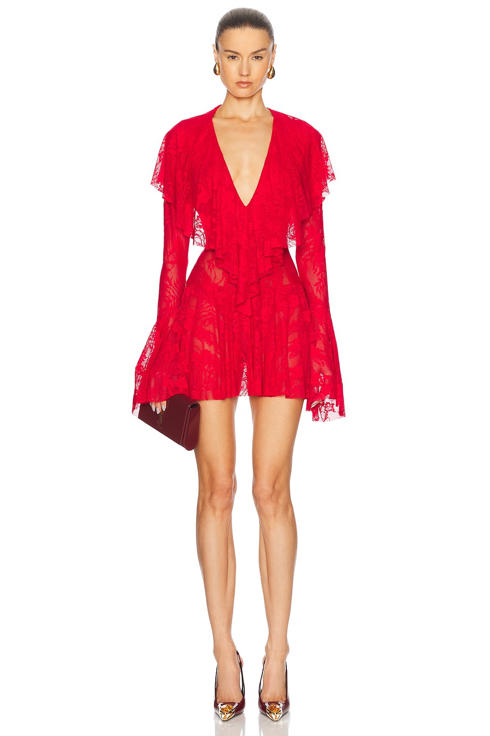 Deep V Ruffle Mini Dress in Sheer Lace Mesh - Bell Sleeve Dress for OEM