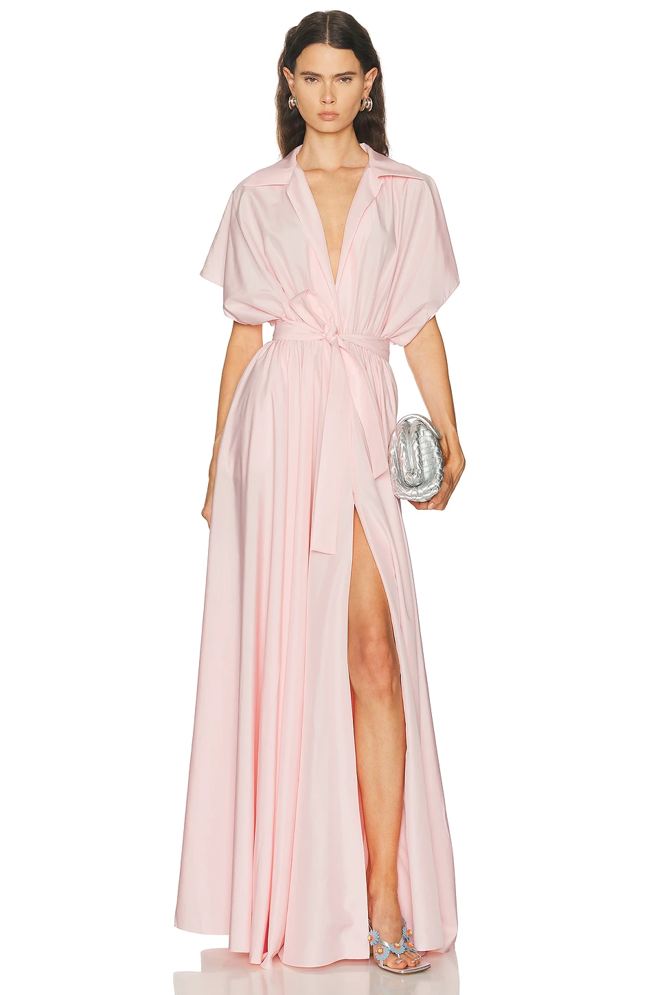 Super Oversized Shirt Flared Gown - Belted Satin Faille Shirt Dress with Pockets