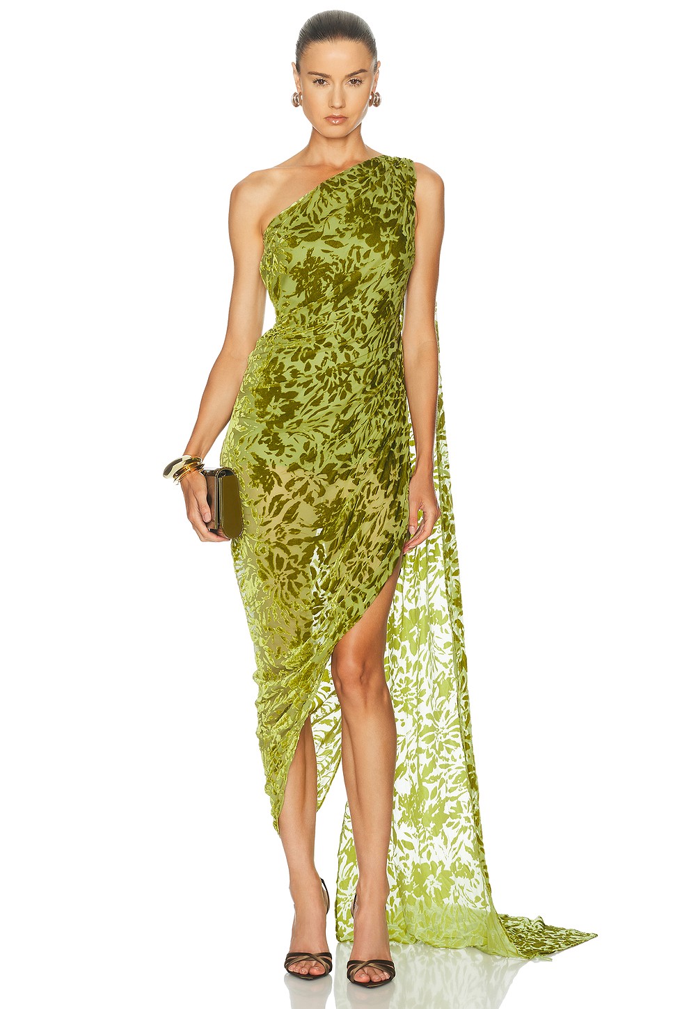 Sarai One Shoulder Flocked Mesh Midi Dress - Velvet Leaf Occasion Dress for OEM