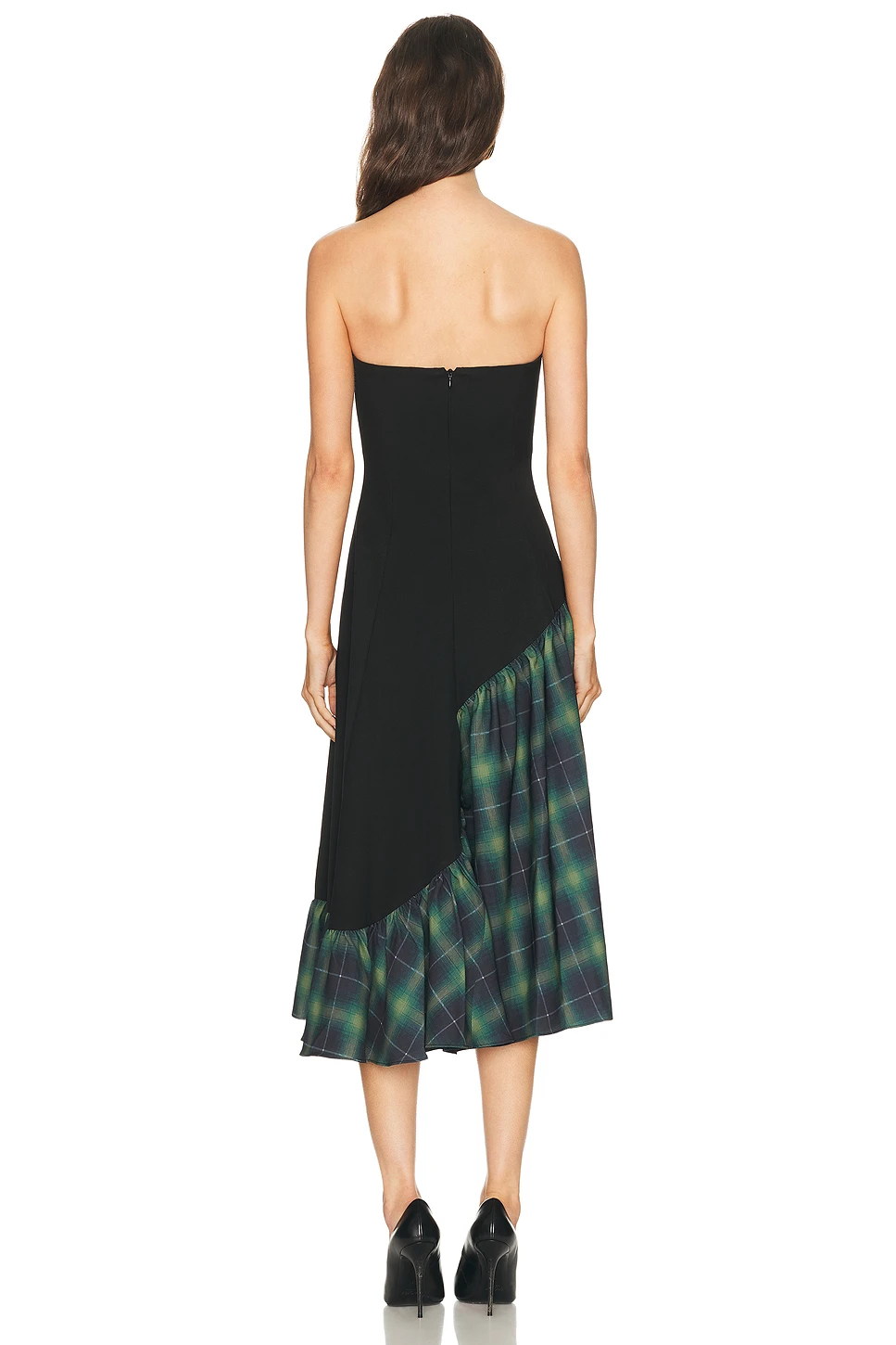 Strapless Contrast Poplin Midi Dress with Flared Skirt