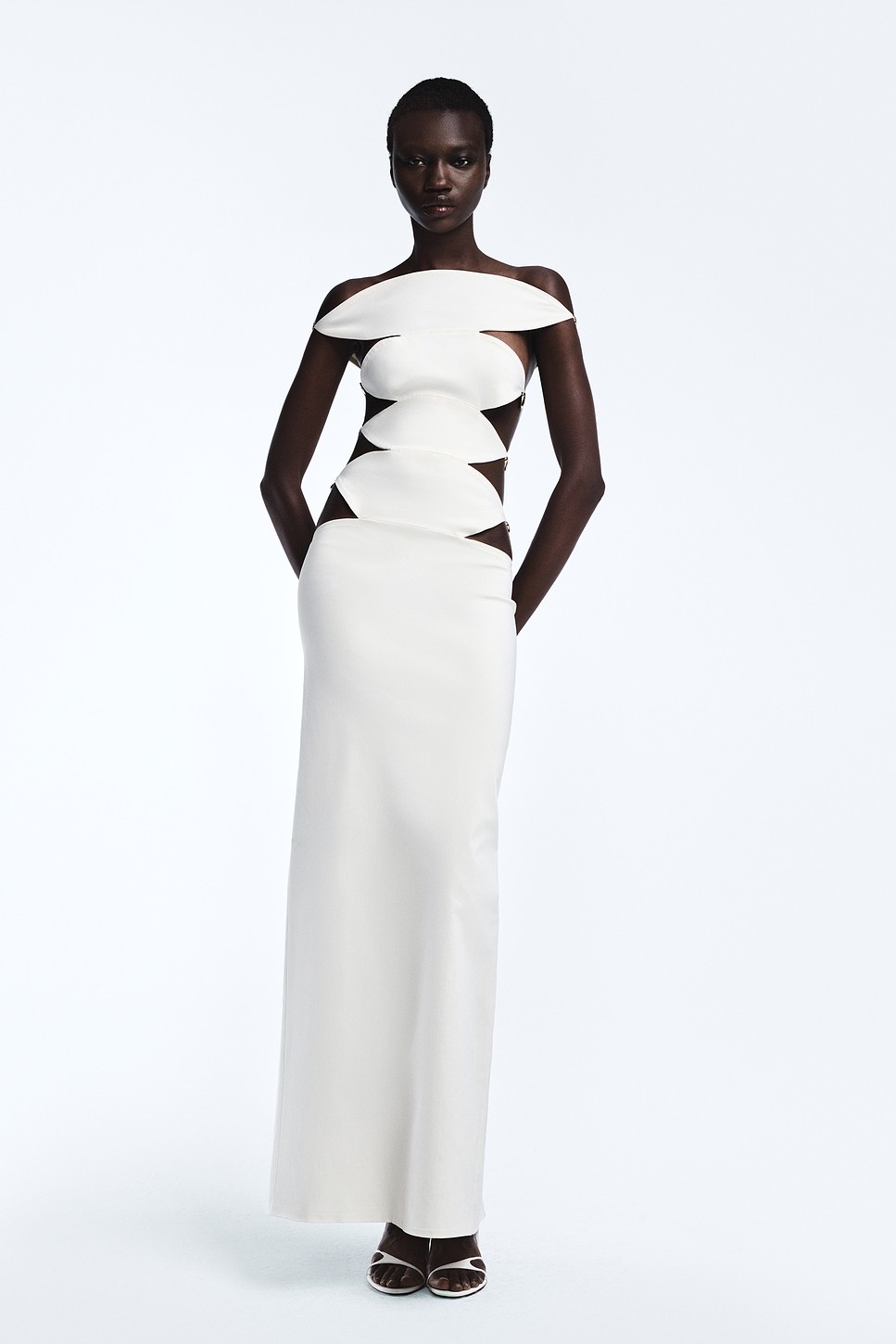 Elettra Cut-Out Waist Taffeta Gown - Beaded Ivory Evening Dress for OEM