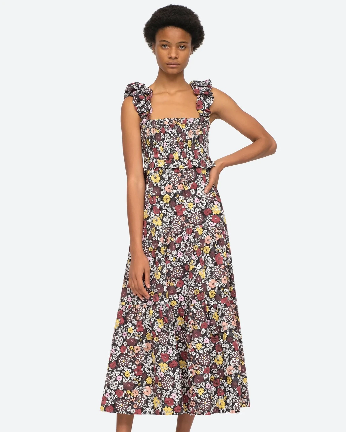 Cotton Floral Print Smocked Tiered Midi Dress
