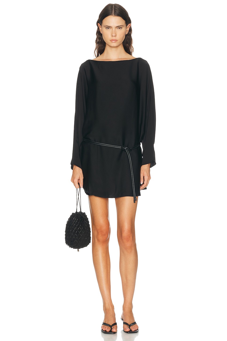Perry Boat Neck Satin Mini Dress - Faux Leather Tie Belt Dress for OEM
