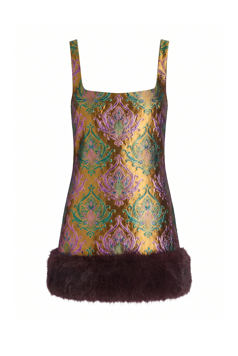 Brocade Mini Dress with Faux Fur Hem - Square Neck Jacquard Party Dress