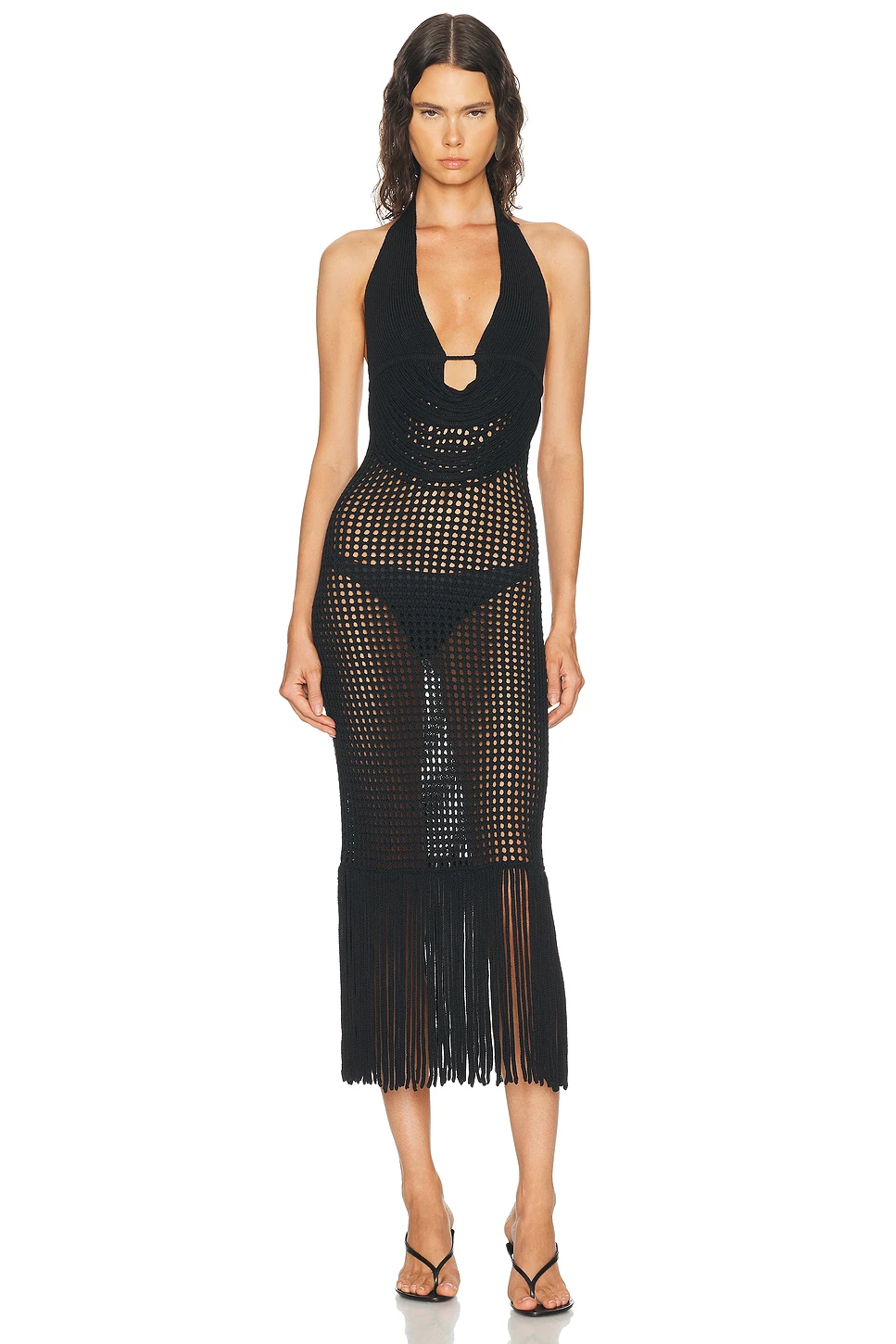 Crochet Fringe Halter Midi Dress - Two-Tone Back Tie Dress for OEM