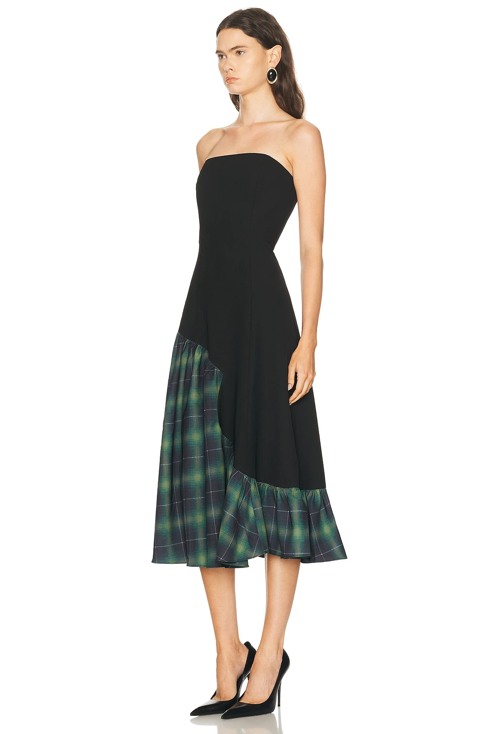 Strapless Contrast Poplin Midi Dress with Flared Skirt