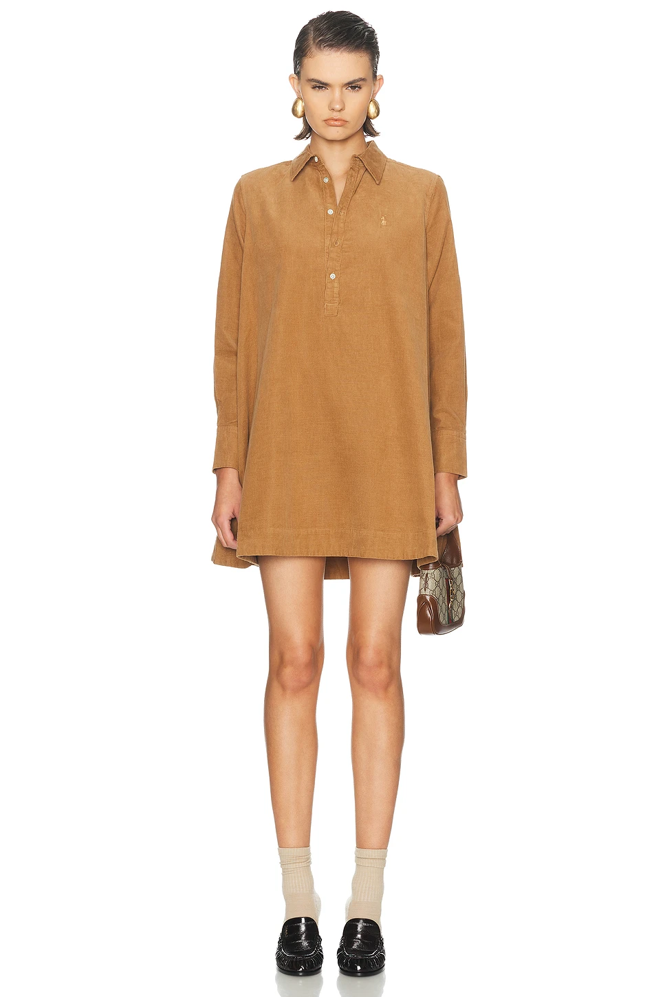 Corduroy Long Sleeve Shirt Dress with Pockets - Cotton Roll Sleeve Mini Dress
