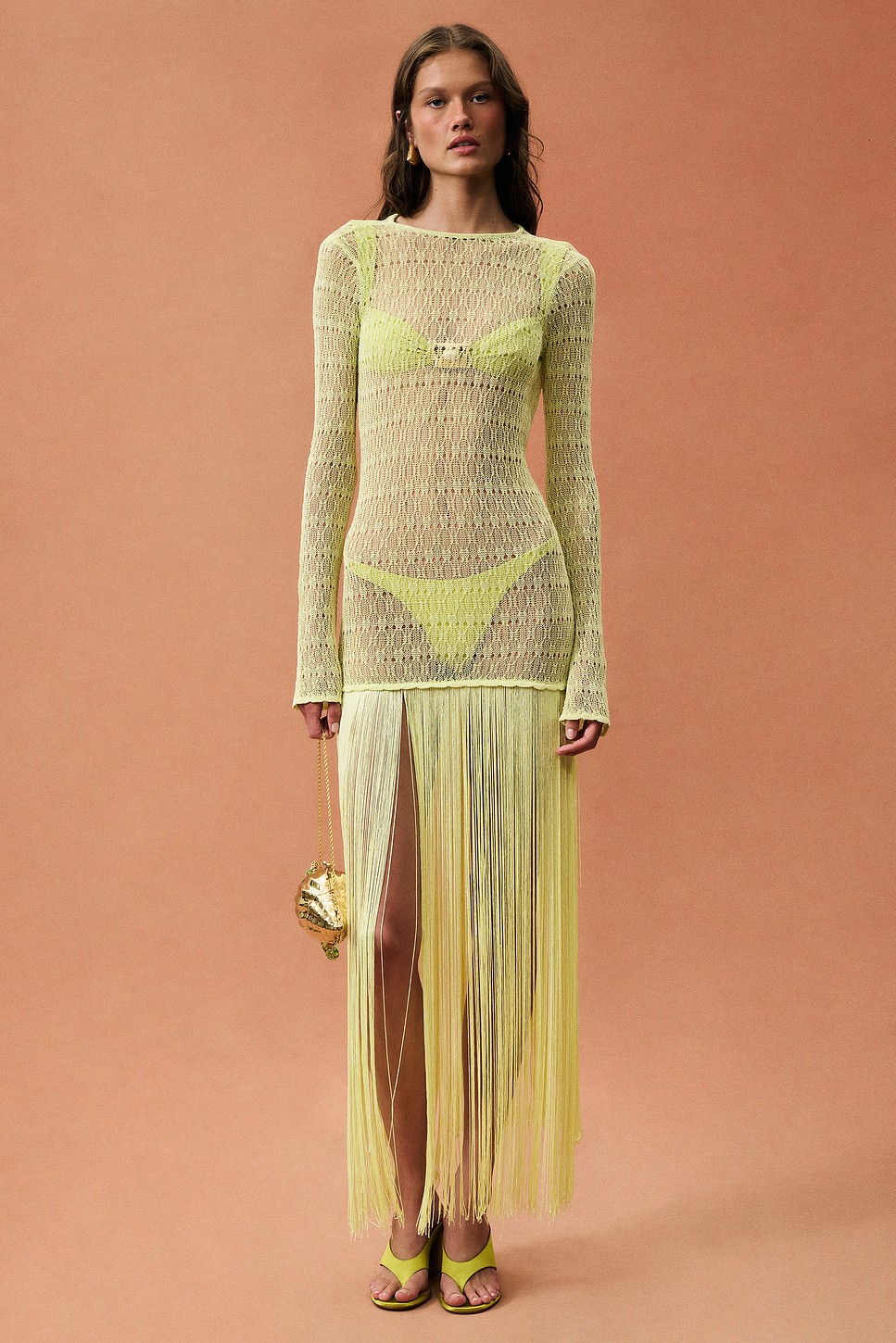 Long Sleeve Fringe Knit Maxi Dress in Open Stitch - Sheer Cover-Up Dress for OEM