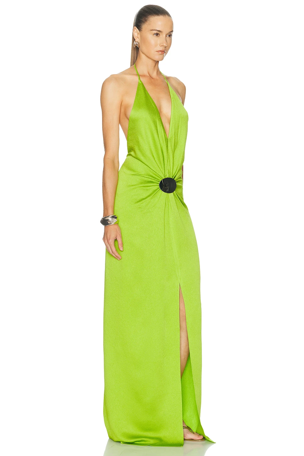 Satin Halter Maxi Dress with Silver Hardware
