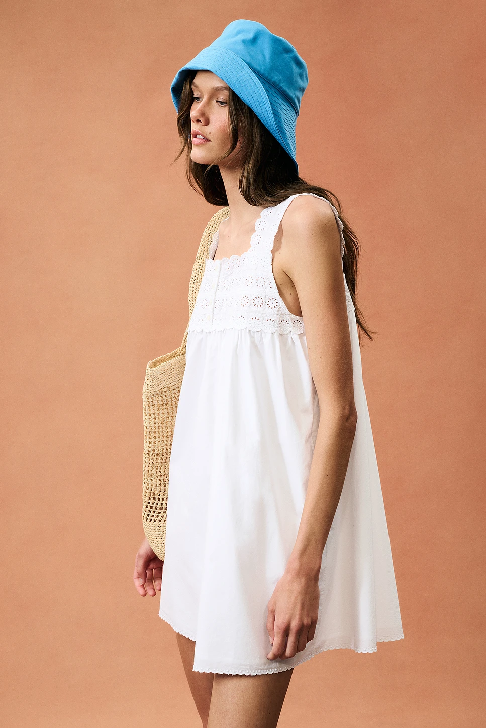 Embroidered Cotton Shift Mini Dress with Pockets