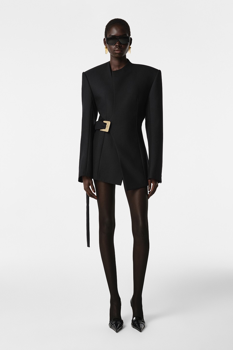 Sonya Jacket Dress in Textured Suiting with Gold Buckle Belt - Hybrid Blazer Dress for OEM