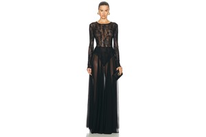 Long Sleeve Crew Flared Lace Gown - Bodysuit Lined Gown for OEM