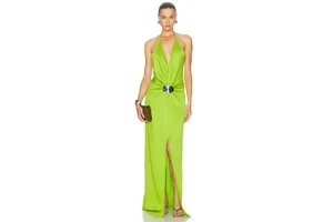 Satin Halter Maxi Dress with Silver Hardware - Tie Neck Column Evening Dress