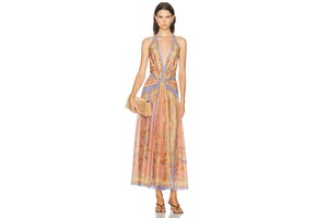 Indra Plunge Halter Maxi Dress in Cotton Silk Metallic - Floral Gown for OEM