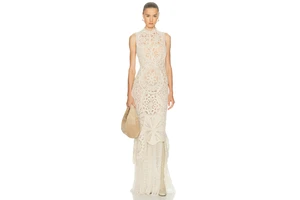 Alpaca Silk Crochet Maxi Dress - Openwork Knit Dress with Lining for OEM